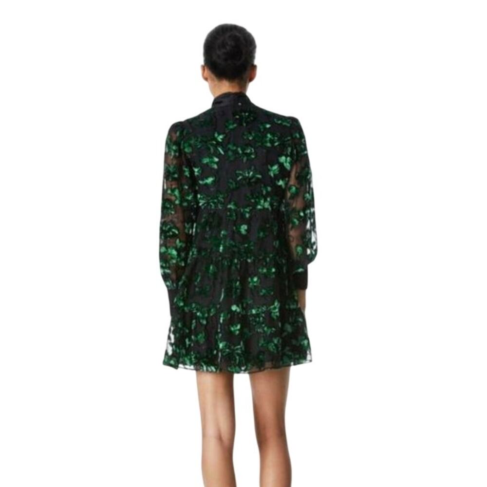 Alice + Olivia Rowen Green Black Velvet Burnout Floral Bow Mini Dress XL - Picture 3 of 10